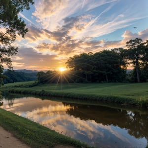 A beautiful sunrise landscape, dramatic sky, sun peeking over horizon, golden sunlight, rolling hills, lush green meadow, tall trees, fluffy clouds, serene lake reflection, birds flying, warm color palette, vibrant colors, highly detailed, photorealistic, 8k, best quality, masterpiece