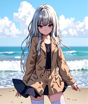 ((masterpiece)), ((best quality)), ((highres)), ((extremely detailed CG unity 8k wallpaper)), solo, tachibana kanade, tan school uniform, black skirt, white socks, outdoors, face, beach, hanging hair, parted hair, silver hair