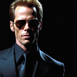 ((best quality)), ((masterpiece)), (detailed) fan art of evil blond man (Guy Pearce) in a pitch black suit emerging from the shadows, blond ((Guy Pearce)) stepping into the light towards the camera, Guy Pearce, the matrix (1999), square sunglasses, night, 80mm, ((western animation)), (Albert Wesker), (short hair), (extreme closeup),disney pixar style,GIRL