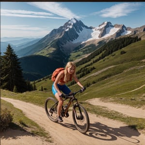 A Beautiful blondie female Extreme Trail Mountain Biker, detailed face, is pedaling up hill, insanely detailed and intricate Mountain scene background, in the style of photorealistic oil on canvas painting, Dramatic alpine background; adventure and inspiration motivation concept