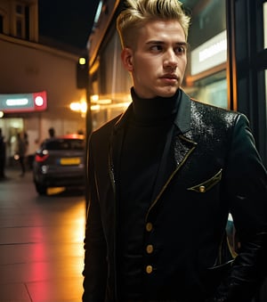 a handsome blonde man, tall with elegant clothes standing next to a bus, realistic, photorealistic, highly detailed, 8k, best quality, intricate details, chiaroscuro lighting, warm color palette, cinematic composition, dramatic lighting, striking pose, impeccable fashion, realistic textures, ultra-detailed facial features, piercing eyes, sharp focus, masterful rendering
