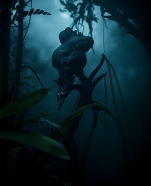 Close-up shot of an eerie, glowing-eyed ALIEN emerging from a misty, dark forest. The creature's scaly skin glistens under dim, moonlit illumination. Its long, spindly arms stretch out like ghostly tendrils, as if searching for prey. The framing emphasizes the alien's otherworldly presence, with the surrounding foliage and shadows creating an ominous atmosphere.