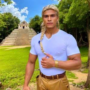 (masterpiece, best quality, ultra-detailed, best shadow), (detailed background, cowboy shot, sky, lightning bolt, maya civilization, mayan pyramid, forest, jungle, looking at viewer, serious, angry), (detailed face, masculine features, strong jawline), (best illumination), ((cinematic light)), colorful, hyper detail, dramatic light, intricate details, (man named Caelumon, Mayan, dark-skinned male, white hair, yellow eyes, white hair, braid, mayan clothes, god )