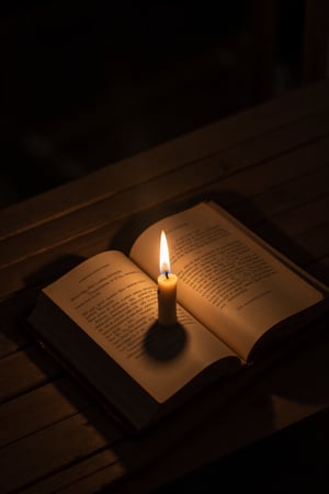 A warm glow emanates from a single candle placed on a rustic wooden table, surrounded by a soft focus of evening shadows. The flame casts a gentle light upon a worn leather-bound book lying open to a yellowed page, its words illuminated like secrets whispered in the darkness.