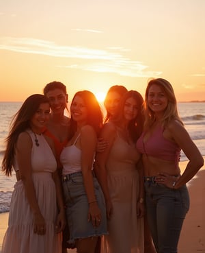 group of women and men de edades aleatorias,  random expressions and random clothes all together taking a foto on a sunset beach