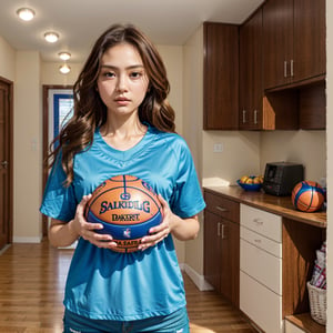 1 girl standing, wearing basket ball shirt, very detail, realistic, holding ball, 27 years old, long hair