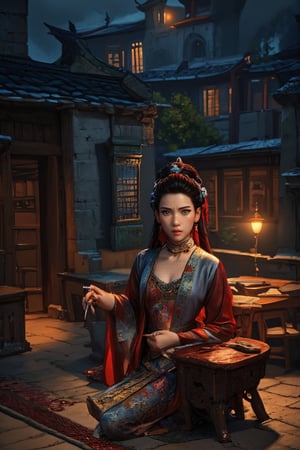 A photo of a beautiful girl in a traditional Chinese dress looking at ancient chinese book under lamp on a low table in garden surrounded by old walls in a peaceful night,((her right hold a pen and her left hand place on table)),((masterpiece)),realistic,4k,extremely detailed,((beautiful big eyes))