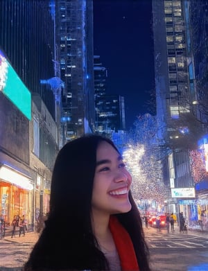 A lone figure stands at the edge of a bustling city street under the soft glow of neon lights at midnight. The girl's bright smile illuminates her face as she gazes up at the starry sky, her eyes sparkling with wonder. The urban landscape hums with activity in the background, yet she remains serene, basking in the tranquility of the late-night atmosphere.