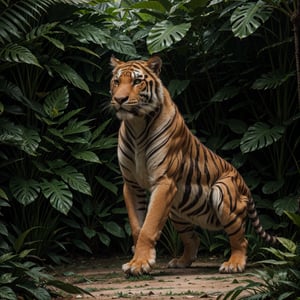 (best quality,4k,8k,highres,masterpiece:1.2),ultra-detailed,(realistic,photorealistic,photo-realistic:1.37),tiger in jungle,fierce,intense eyes,striking black stripes,fearless expression,majestic presence,lush greenery,tropical habitat,warm sunlight,shadows and dappled light,thick foliage,exotic plants,rays of light piercing through the canopy,mysterious atmosphere,vivid colors,naturalistic textures,immersive perspective,powerful and agile movements,roaring sound echoing through the jungle.