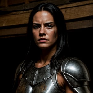  a female warrior, intricate detailed armor, detailed metal armor, detailed battle-worn armor, highly detailed muscular female physique, detailed facial features, piercing eyes, determined expression, flowing long hair, dynamic action pose, sweeping cape, medieval fantasy setting, dramatic lighting, cinematic composition, moody color palette, dramatic chiaroscuro, gritty and realistic, masterpiece, best quality, 8k, highres, (photorealistic:1.37), volumetric lighting, digital painting,Detailedface