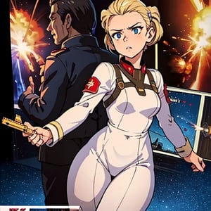 Movie Cover Image, Like a Real Person, Polite Dress, War War Fighter Action Cover Image), (Movie Reference Foundation : 1.8 ), Realistic, White Air Force General Uniform, (Realistic Face Resolution), Cinematic Poses, Adult, Skinny, Small, 1 Woman with Dark Blonde Hair, Serious Face, Science Fiction, Sci-Fi, Different Characters,