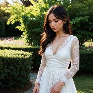a beautiful woman in a white lace dress, long lace sleeves, lace details on the bodice, flowing lace skirt, standing in a garden with flowers, serene expression, warm lighting, photorealistic, highly detailed, 8k, (best quality,4k,8k,highres,masterpiece:1.2),ultra-detailed,(realistic,photorealistic,photo-realistic:1.37),cinematic lighting,dramatic lighting,vibrant colors,elegant,ethereal