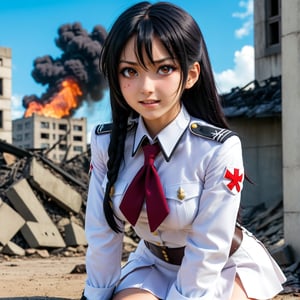 Masterpiece, top quality, ruined city and fire in the background, anime girl in uniform kneeling on the ground, white Nazi SS Militari, 4K manga wallpaper, BLEACH, Exterminator, Shalltear Bloodfallen, badass anime 8K, gapmoe yandere, yandere, albedo from Anime Overlord, creepy grin, crazy laugh, angled laughter at the corners of the mouth, black hair long hair, White miniskirt, white long-sleeved military uniform