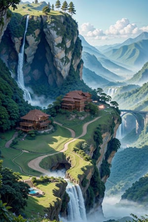 painting of a waterfall in a mountainous area with a house on the top, vertical wallpaper, 4 k vertical wallpaper, 4k vertical wallpaper, 8 k vertical wallpaper, 8k vertical wallpaper, ross tran. scenic background, beautiful mattepainting, 4 k matte painting, detailed scenery —width 672, beautiful iphone wallpaper, avatar landscape, inspired by Raphael Lacoste