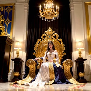 A beautiful young Queen, elegant facial features, long flowing hair, detailed crown, detailed royal gown, impressive throne room, ornate furniture, elaborate chandelier, dramatic lighting, cinematic camera angle, highly detailed, photorealistic, 8k, masterpiece, oil painting, vibrant colors, chiaroscuro lighting