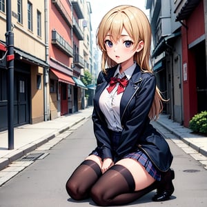 1girl, nakiri erina, kneeling, thighhighs, navy thighhighs, jacket, plaid skirt, hands on breasts, outdoors, anime_screencap_erina