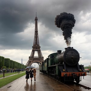 2 beautiful and adorables steampunk women in the foreground and a steampumk locomotive and the Eiffel tower in the background in a rainy and wet day by Vincent van Gogh