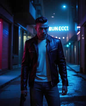 A gritty urban scene: a man stands alone on a dimly lit city street, reminiscent of Grand Theft Auto 6/5. He's dressed in worn jeans and a faded leather jacket, with a confident swagger as he gazes down the deserted alleyway. Neon signs flicker in the background, casting a blue haze over the wet asphalt. The man's eyes seem to hold a hint of danger, his hand resting on the grip of an imaginary gun.