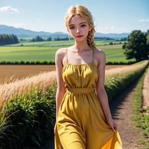 1girl, 20 years old, tall and attractive, wearing a cute country dress, hair braided, standing in a rustic farm setting. She has a soft, gentle smile and expressive eyes. In the background are charming barns, golden wheat fields and clear blue skies. The composition should be bathed in warm golden hour light, with soft depth of field and soft bokeh to accentuate the idyllic tranquility. Capture images as if they were shot on vintage 35mm film for added oomph, filmg,