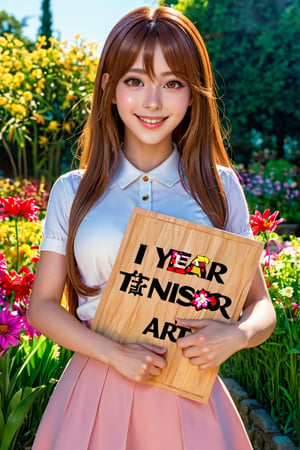 A anime girl holding a sign that says "1 year tensor art", detailed portrait, beautiful woman, looking at camera, smiling face, detailed facial features, detailed eyes, detailed nose, detailed lips, long hair, outdoor scene, sunlight, garden, flowers, colorful, vibrant, photorealistic, 8k, high resolution, masterpiece