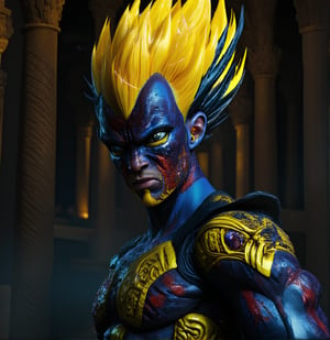 8k portrait of muscular vegeta, yellow hair, blue eyes, intricate, elegant, highly detailed, full body, majestic, digital photography, art by artgerm and ruan jia and greg rutkowski, black hair, beardless face, broken glass (masterpiece, side lighting, beautiful finely detailed eyes: 1.2 ), hdr,