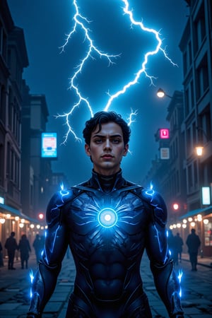 (17-year-old young man in soul body with blue and black lightning particles emitting around it), 3D rendering, movie special effects, movie lighting, city in ruins, clear HD, 8K resolution, very detailed, digital painting, concept art, Shinkai Makoto style, pop popularization trend, pop, pop trend, pop trend on pixiv.