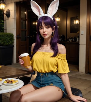 Generate hyper realistic image of a playful woman with bunny ears and an hourglass body, sitting at a table outdoors. Her long, purple hair is adorned with fake animal ears, and her parted bangs frame her face delicately. Dressed in a yellow off-shoulder shirt and a black miniskirt, she holds a cup with a drinking straw, her earrings glinting in the daylight.