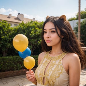 A girl with a zoo, many balloons, happy, happy, perfect quality, clear focus (clutter-home: 0.8), (masterpiece: 1.2) (Realistic: 1.2) (Bokeh) (Best quality) (Detailed skin: 1.3) (Intricate details) (8K) (Detail eyes) (Sharp focus), (Happy), gepard,lion