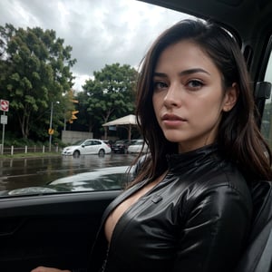 a woman near a parked car on a rainy road, cloudy sky, (best quality,4k,8k,highres,masterpiece:1.2),ultra-detailed,(realistic,photorealistic,photo-realistic:1.37),beautiful detailed eyes,beautiful detailed lips,extremely detailed eyes and face,longeyelashes,portrait,moody lighting,dramatic shadows,muted color palette,cinematic composition,rainy weather,wet asphalt,parked car,overcast sky,atmospheric