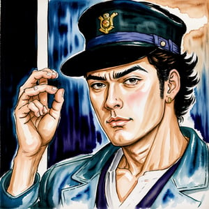 (jotaro kujo) in the style of hirohiko araki,zoomed in on face, focused on face, blue highlights,looking at viewer, watercolor, manga, aristocratic youth, jojo's bizzare adventure