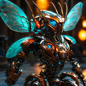 a mechanical creature, highly detailed mechanical body, intricate gears and mechanisms, glowing blue eyes, copper and brass accents, futuristic sci-fi design, dynamic pose, cinematic lighting, photorealistic, 8k, (best quality, 4k, 8k, highres, masterpiece:1.2), ultra-detailed, (realistic, photorealistic, photo-realistic:1.37), cinematic, dramatic shadows, volumetric lighting, intricate details, mechanical limbs, complex machinery, advanced technology, industrial, mechanical insect, insectoid features, futuristic aesthetic, advanced robotics, (concept art, digital painting, highly detailed:1.2)