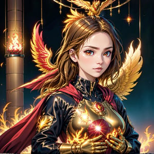 (upper body:1.3), 1girl,hoenix keeper, fireproof suit with a golden phoenix emblem, fire cage with obsidian bars, phoenix nest with shimmering golden feathers, talon gloves for handling the phoenix, fire ruby for feeding the phoenix,