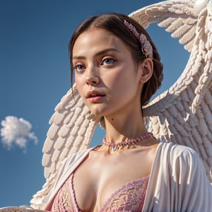 ((raw photo)), ((masterpiece)), anthropomorphic humanoid AngelGirl wearing white noble robe, intricate detail, futobot, intricate Greebles pieces, sky behind, pink, beautiful wings, detailed eyes and lips