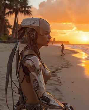 Close-up shot of a futuristic cybernetic male standing on a sandy beach at sunset. The subject's metallic skin glistens under warm orange lighting, with circuitry and wires visible beneath his smooth surface. His cybernetic arm is raised, palm facing the camera, as he gazes out at the horizon. Palm trees sway gently in the breeze behind him, silhouetted against a fiery sky.