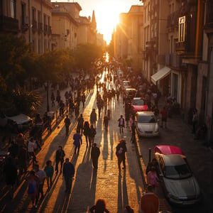 Overhead perspective captures the frenetic energy of Calle Llena de Gente as the day's final moments unfold. Warm sunset hues cast a golden glow on the throngs of pedestrians flowing in every direction. Vibrant pink accents from parked cars along the sidewalk pop against the long shadows stretching across the street, while the distant sounds of laughter and chatter fill the air.