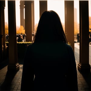 a film shot,focused foreground and blurred background,a person standing in the middle of the frame,shallow depth of field,detailed lighting and shadows,dramatic color grading,mysterious atmosphere,wide aspect ratio,warm color temperature,soft natural light,cinematic feel,grainy texture,old movie aesthetics,vintage film look