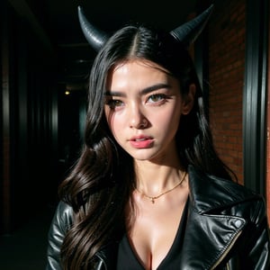 a mean girl, demon horns, black eyes, sharp fangs, sinister expression, dark makeup, black leather jacket, ripped jeans, standing in a dark alley, (best quality,4k,8k,highres,masterpiece:1.2),ultra-detailed,(realistic,photorealistic,photo-realistic:1.37),unreal engine, dramatic lighting, cinematic, dark moody atmosphere, deep shadows, glowing eyes