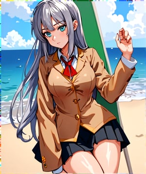 ((masterpiece)), ((best quality)), ((highres)), ((extremely detailed CG unity 8k wallpaper)), solo, tachibana kanade, tan school uniform, black skirt, white socks, outdoors, face, beach, hanging hair, parted hair, silver hair