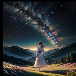 Close-up shot, an Anime wearing a white glass , standing on the land,night view ,Many stars on the night sky,The Milky Way ,colorful flowers,headshot close-up, oil painting style, very obvious oil painting strokes, impressionist palette style, 32k uhd, beautiful, booru, Old time, color cartoon --ar 3:4