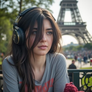 Master piece, generate image of a Girl with headphones, cap, dreamy expression, sitting a bench in the gardens of the Eiffel tower, training wear, t-shirt and sport shorts, (ultra detailed perfect piece:1.2), illustration, masterpiece, (extremely detailed CG 8k), (very fine 8K CG), (1girl:1.2), (dark hair), long hair, wavy hair, hair over one eye, sparkling, light blue eyes, looking at side,