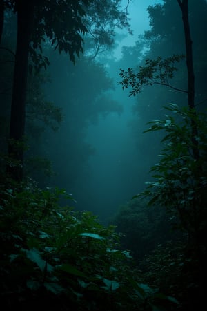 (best quality,realistic:1.37)thick dense forest,glowing fireflies,rainy night,moist air,foggy atmosphere,dripping leaves,dewy grass,majestic trees,mysterious shadows,serene ambiance,gentle raindrops,peaceful solitude,whispering breeze,nature's symphony,Latin American rainforest,enchanted evening,hint of moonlight,sparkling bioluminescence,lush vegetation,hidden treasures,nighttime wonderland,surreal beauty,mysterious flickering lights,emerald hues,calming sounds of nature,silhouette of wildlife,magical dance of lights,ethereal glow,flickering fireflies,hypnotic scene,enchanted forest,watercolor painting effect,subtle color gradients,soft lighting,sublime landscape.