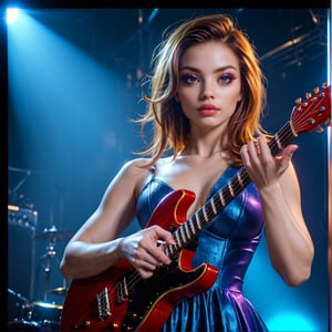 a guitarist playing an electric guitar, detailed facial features, beautiful detailed eyes, beautiful detailed lips, extremely detailed face, long eyelashes, detailed fingers, playing dynamic guitar pose, intricate guitar details, studio lighting, high quality, cinematic, photorealistic, 8k, vibrant colors, dramatic lighting, atmospheric, moody, dramatic, cinematic composition, epic scale, heroic, masterpiece