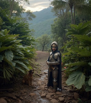 A man dressed as a knight with his dog in a tropical forest, high quality, photorealistic, 8K