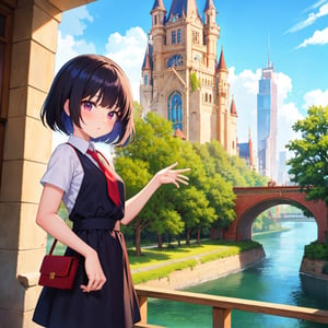 (masterpiece,newest,exceptional:1.2), anime,1girl,bangs,black_hair, beautiful 8k eyes,blue_sky,bridge,building,castle,city,cityscape,cloud,day,dress,looking_at_viewer,outdoors,red_neckwear,red_ribbon,ribbon,river,short_hair,short_sleeves,sky,skyscraper,solo,standing,town,water