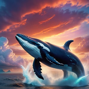 1 gigantic whale, surreal whale flying in the sky, detailed anatomy of whale, photorealistic, cinematic lighting, dramatic clouds, dramatic sunset colors, serene atmosphere, (best quality,4k,8k,highres,masterpiece:1.2),ultra-detailed,(realistic,photorealistic,photo-realistic:1.37),highly detailed, cinematic composition, dramatic lighting, volumetric fog, vibrant colors, dramatic details, award winning digital art