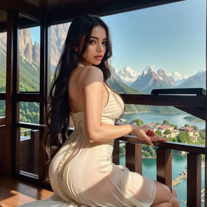 A beautiful woman with long flowing hair, detailed eyes and lips, wearing a flowing dress, gazing out at a serene landscape with mountains and a lake in the background, (best quality,4k,8k,highres,masterpiece:1.2),ultra-detailed,(realistic,photorealistic,photo-realistic:1.37),intricate details,dramatic lighting,vibrant colors,cinematic composition,Masterpiece