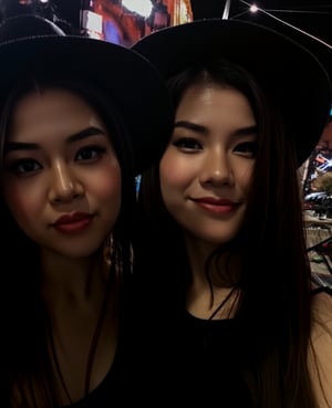 2 girls, beautiful detailed eyes, beautiful detailed lips, extremely detailed face, longeyelashes, elegant black dress, city night scene, smiling, wide-brimmed hat, (best quality,4k,8k,highres,masterpiece:1.2),ultra-detailed,(realistic,photorealistic,photo-realistic:1.37),high-quality digital art, intricate details, chiaroscuro lighting, cinematic composition