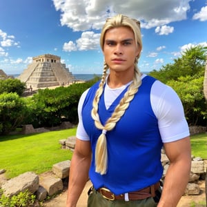 (masterpiece, best quality, ultra-detailed, best shadow), (detailed background, cowboy shot, sky, lightning bolt, maya civilization, mayan pyramid, forest, jungle, looking at viewer, serious, angry), (detailed face, masculine features, strong jawline), (best illumination), ((cinematic light)), colorful, hyper detail, dramatic light, intricate details, (man named Caelumon, Mayan, dark-skinned male, white hair, yellow eyes, white hair, braid, mayan clothes, god )