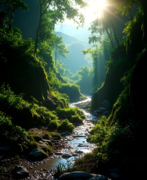 a small arroyo passing through a damp ground, detailed rock formations, mossy banks, lush greenery, sunlight filtering through the trees, serene atmosphere, realistic, photorealistic, photo-realistic:1.37, (best quality,4k,8k,highres,masterpiece:1.2),ultra-detailed, vivid colors, natural lighting, atmospheric, tranquil, picturesque landscape, intricate details, stunning scenery,girl