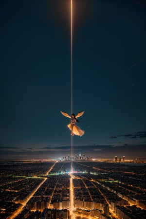 This image depicts an angel woman hovering over a city at night. The city lights create a golden and dramatic atmosphere, while its delicate presence and dark wings contrast with the urban environment. The woman seems protective and vigilant.